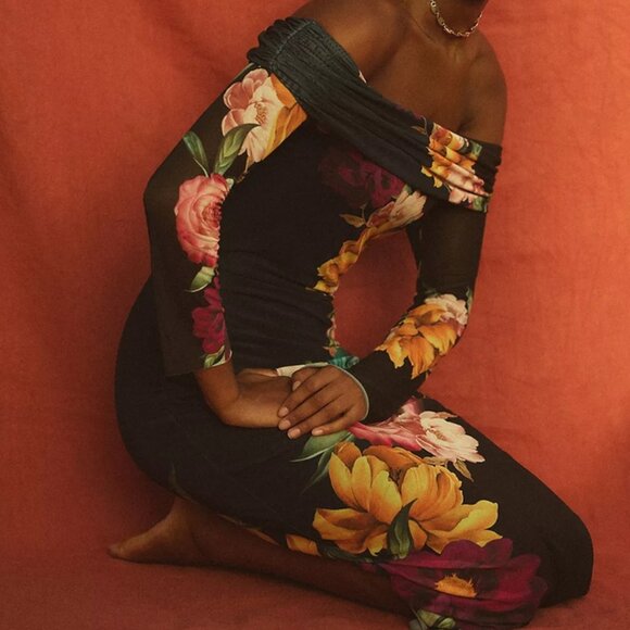 AFRM Praya Off-The-Shoulder Mesh Midi Dress SMALL - Picture 3 of 9